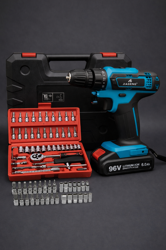 TALADRO DE 96V + CAJA HERRAMIENTAS 42pz